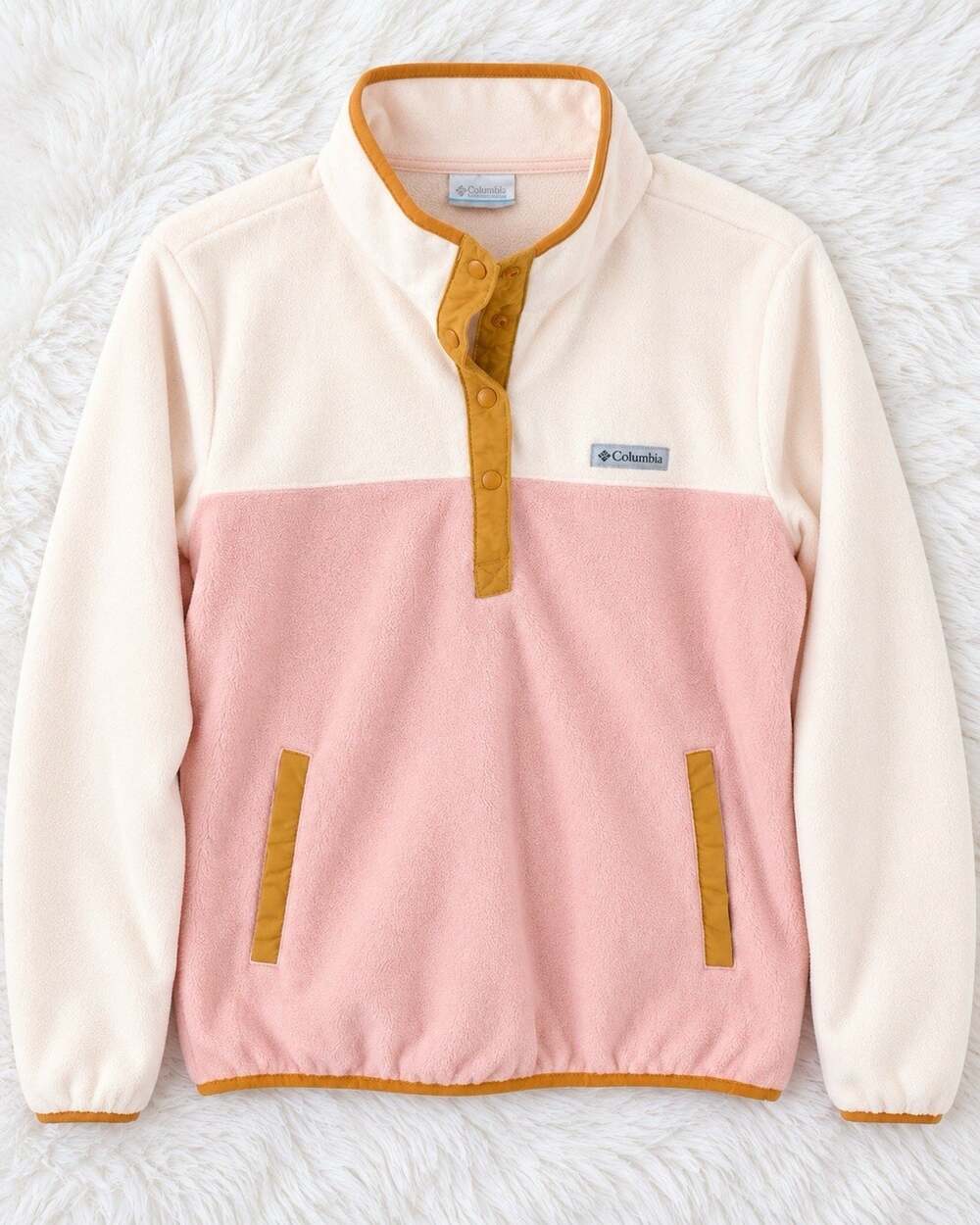 Columbia Women’s XL Fleece Pullover Snap Front Pink Cream Outdoor Jacket